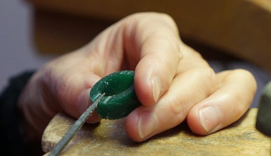 handmade-jewelry-wax Annette Girardon, a Parisian jeweller, carving a handcrafted wax jewel by hand. The future engagement ring will be melted in Paris.