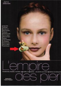 FigMag-2003 Le Figaro Magazine presents a Neolithic ring in gold, citrine, chrysoprase by jeweler Annette Girardon, based in Paris. This is a very original jewelry creation.