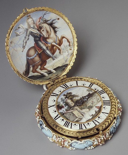 Taschenuhr-1645-1648-Met Französische Taschenuhr, ein Schmuckstück aus dem 17. Jahrhundert, die geöffnet präsentiert wird. Im Deckel ist die Zeichnung eines Reiters auf einem Pferd und auf dem Ziffernblatt eine Landschaft zu sehen.