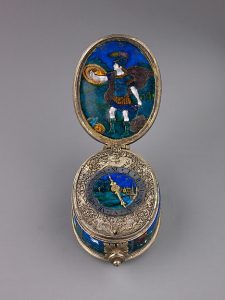 taschenuhr-1600-25-Met-1 Französische Taschenuhr aus dem 17. Jahrhundert (1600-1625), Vorderseite geöffnet Silber und Emaillie.