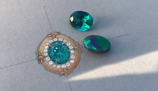 Dessin pour un cocktail ring sur mesure avec deux pierres au choix. Création sur mesure, faite à Paris par Annette Girardon.