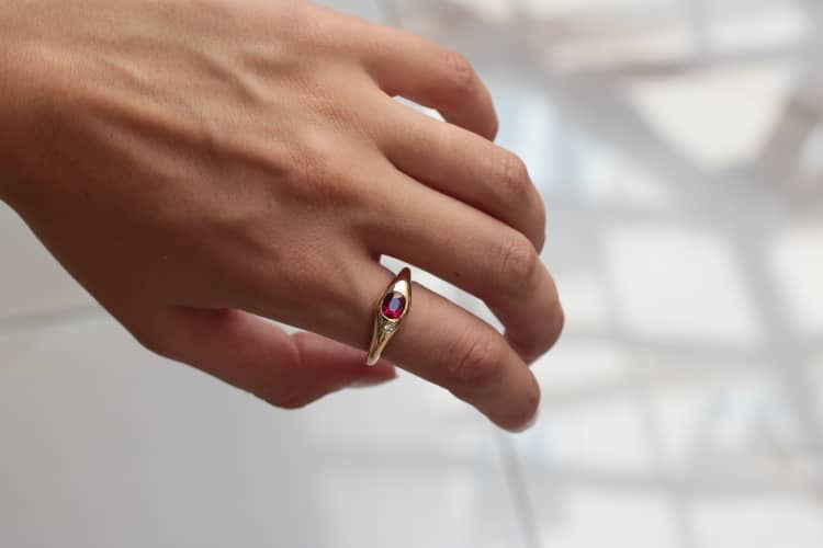 gold-rings-for-men The beautiful, luxurious ruby on this men's ring, with its simple, flowing design, is accompanied by a small diamond. It is a bespoke Parisian creation by jeweler Annette Girardon.