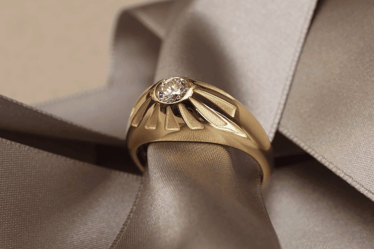 signet-rings This men's ring, made in Paris, is a signet ring style in 18-karat gold, set with a 0.57 ct diamond. It has a conical shape. Engraved stripes point towards the diamond at the top.